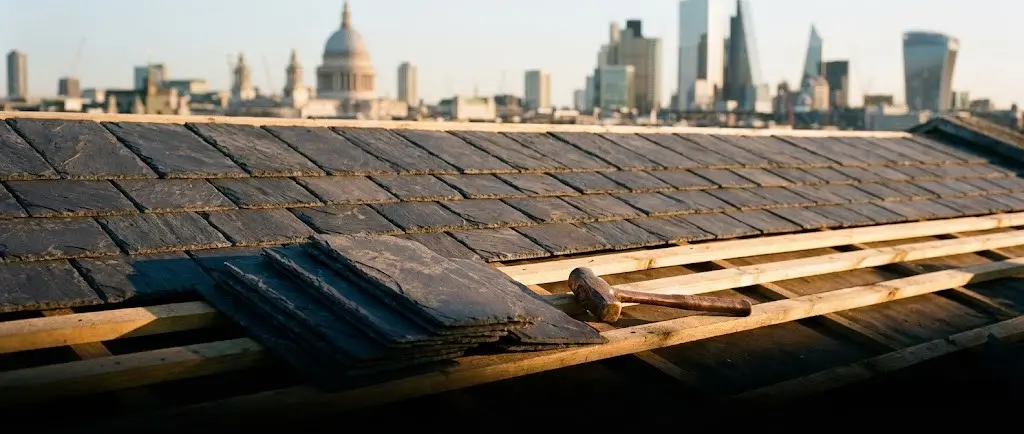 Close up texture of premium hand-cut Welsh slate tiles